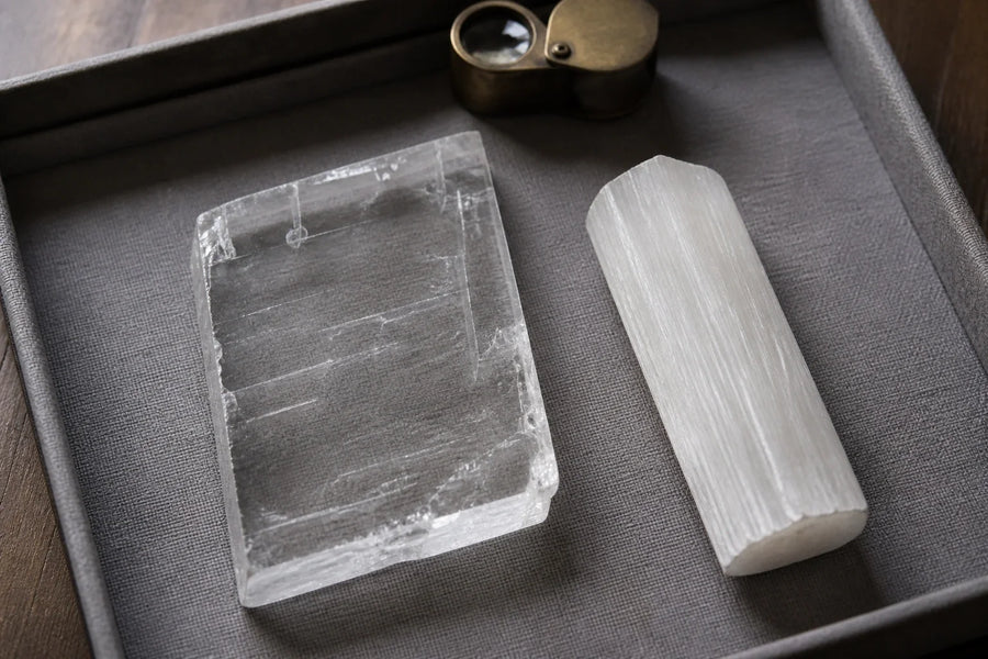 Editorial still life illustrating transparent bladed Selenite and white fibrous Satin Spar Gypsum on a gray jeweler's tray
