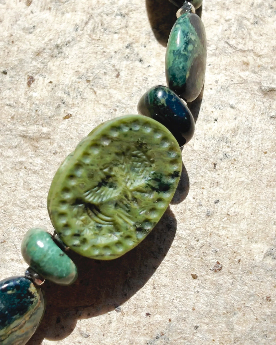Carved green Jasper focal and patterned beads on The Greenkeeper #58 bracelet