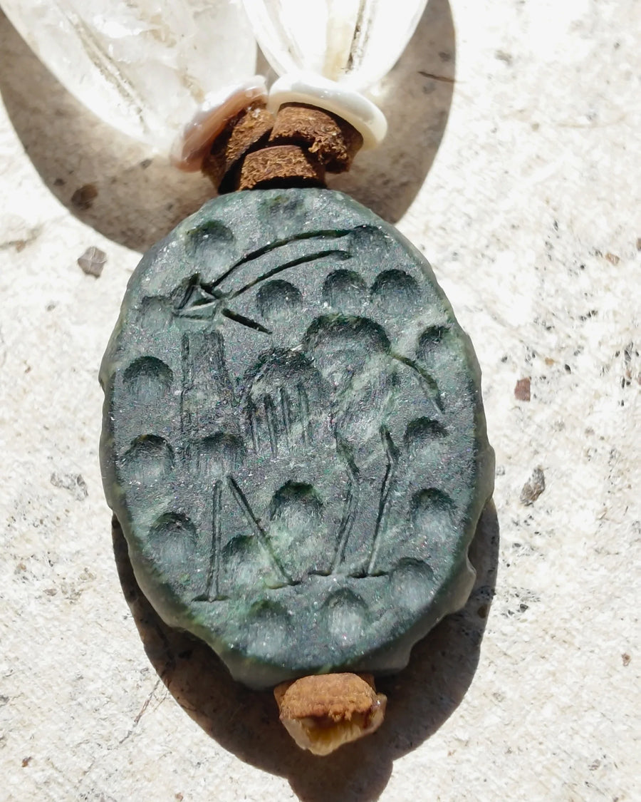 Curved incised marks on the green Jasper pendant in The Waymark #49 necklace