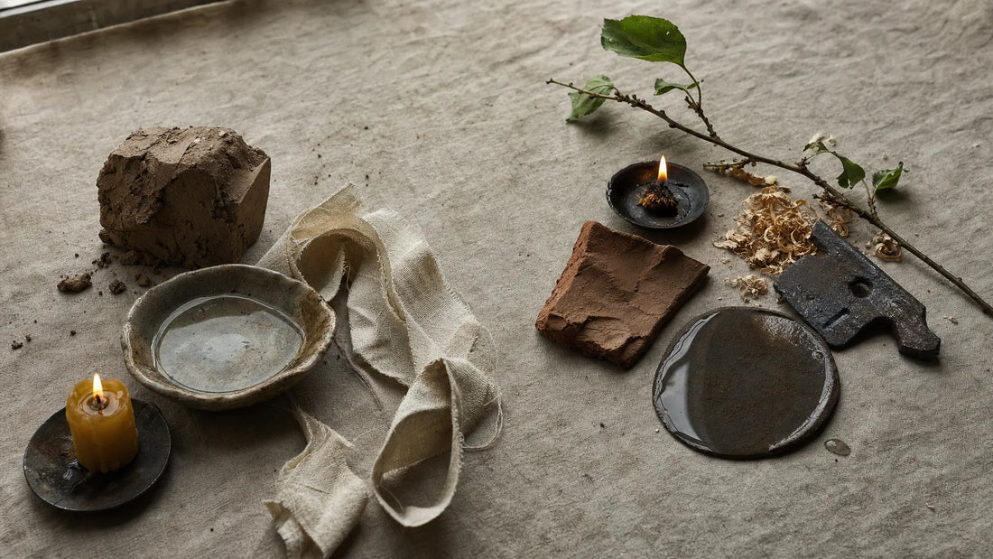 Western Four Elements and Wu Xing material studies arranged separately on natural linen