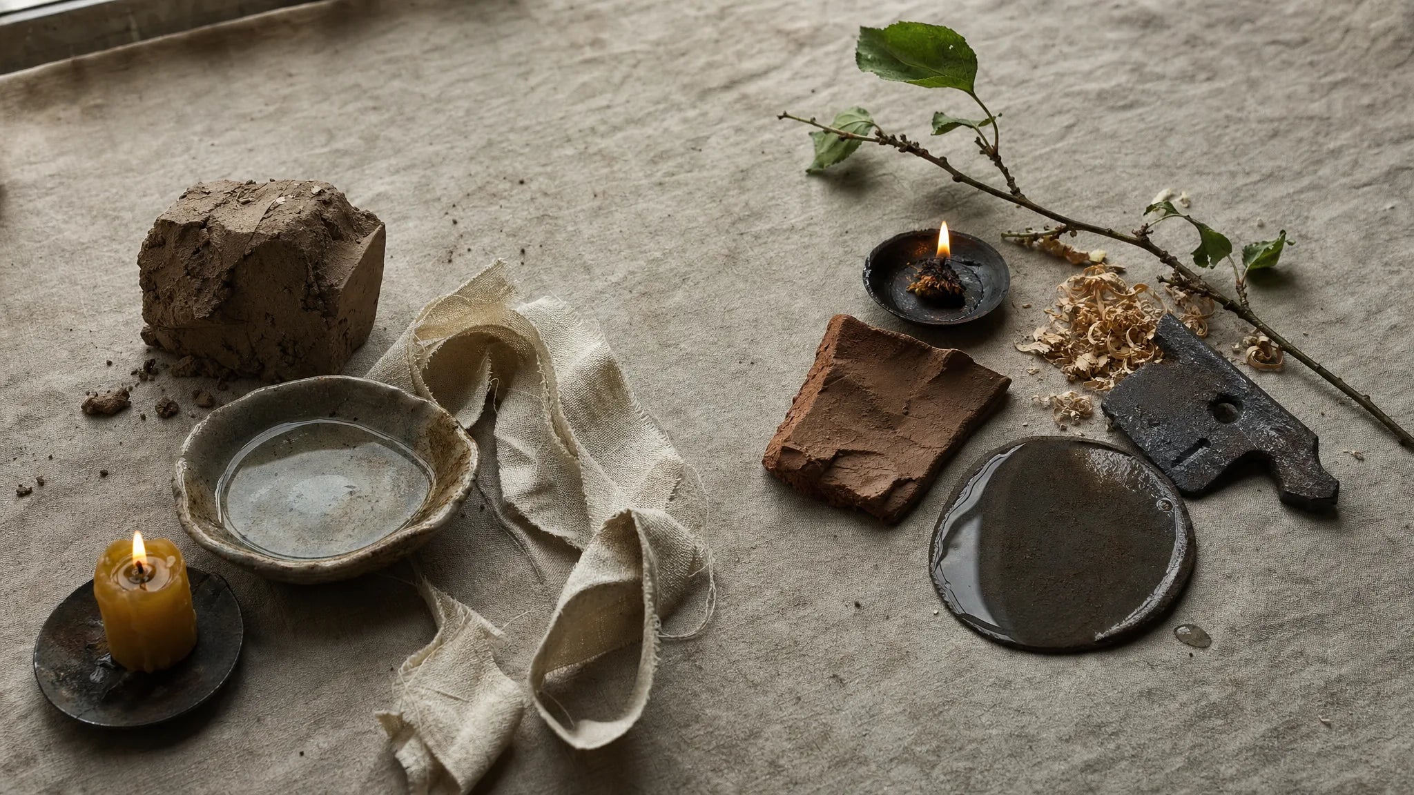 Western Four Elements and Wu Xing material studies arranged separately on natural linen