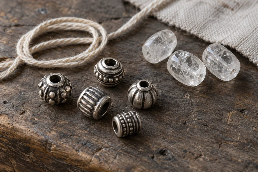 Silver-colored jewelry components beside clear Quartz beads and cotton cord on a wooden workbench.