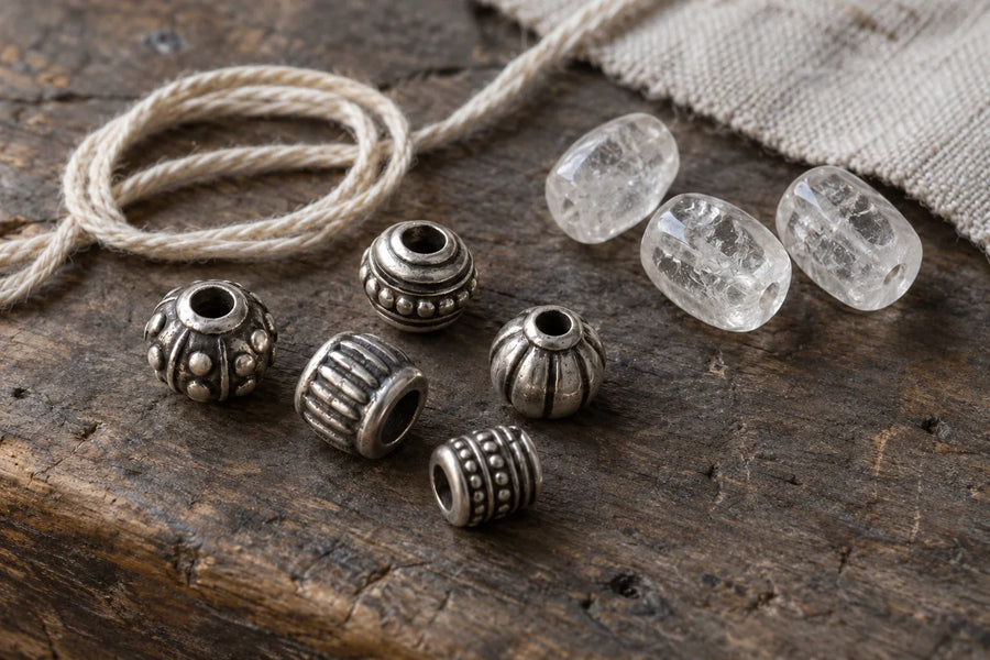 Silver-colored jewelry components beside clear Quartz beads and cotton cord on a wooden workbench.