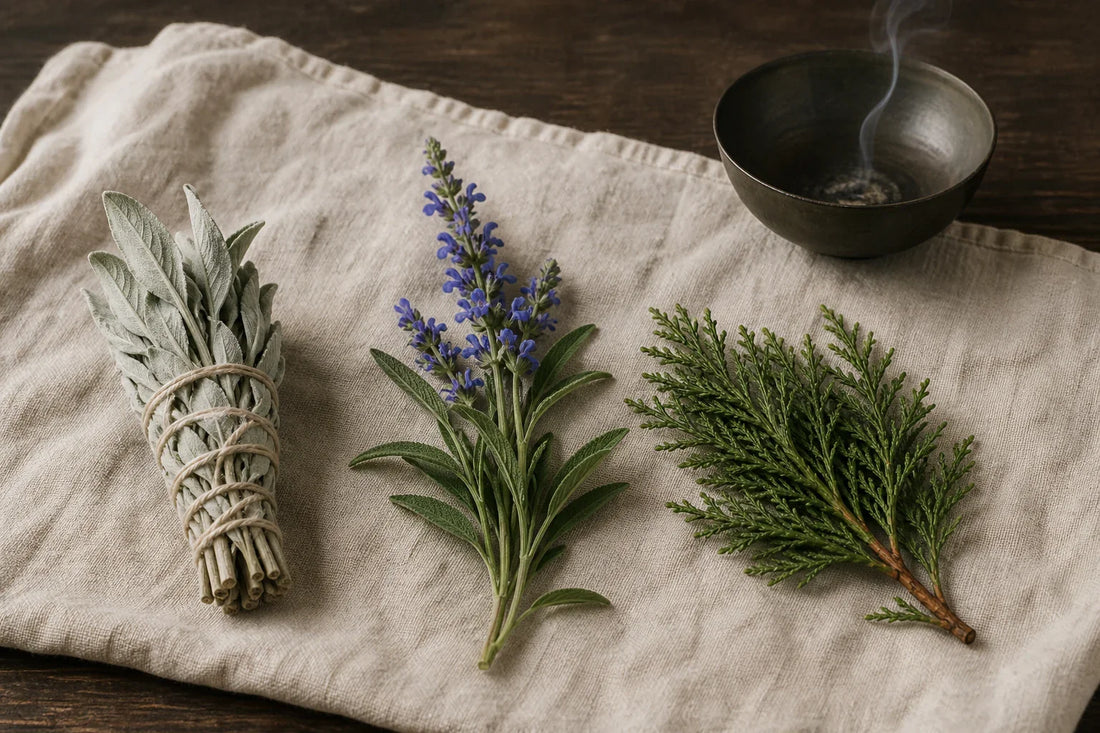 Cultivated White Sage bundle, blue-flowering sage sprig, and cedar tip arranged separately on linen beside a dark metal bowl