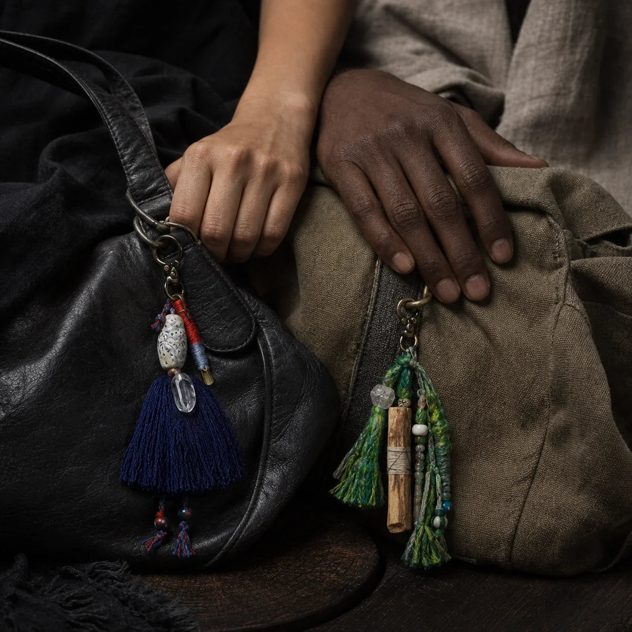 Two people with different skin tones carrying handmade gemstone and fiber bag charms by à la luck