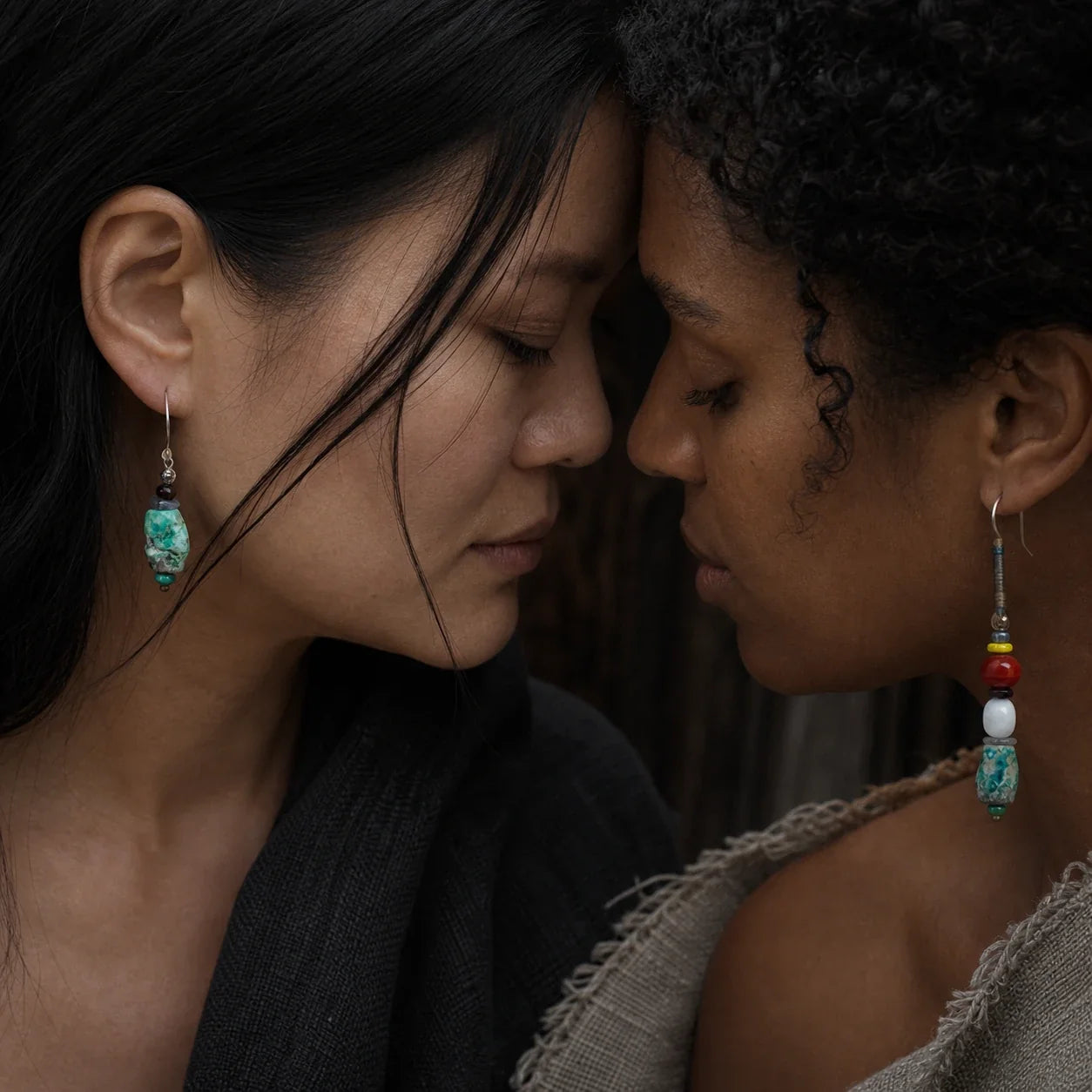 Two people wearing an asymmetric turquoise artisan earring pair by à la luck