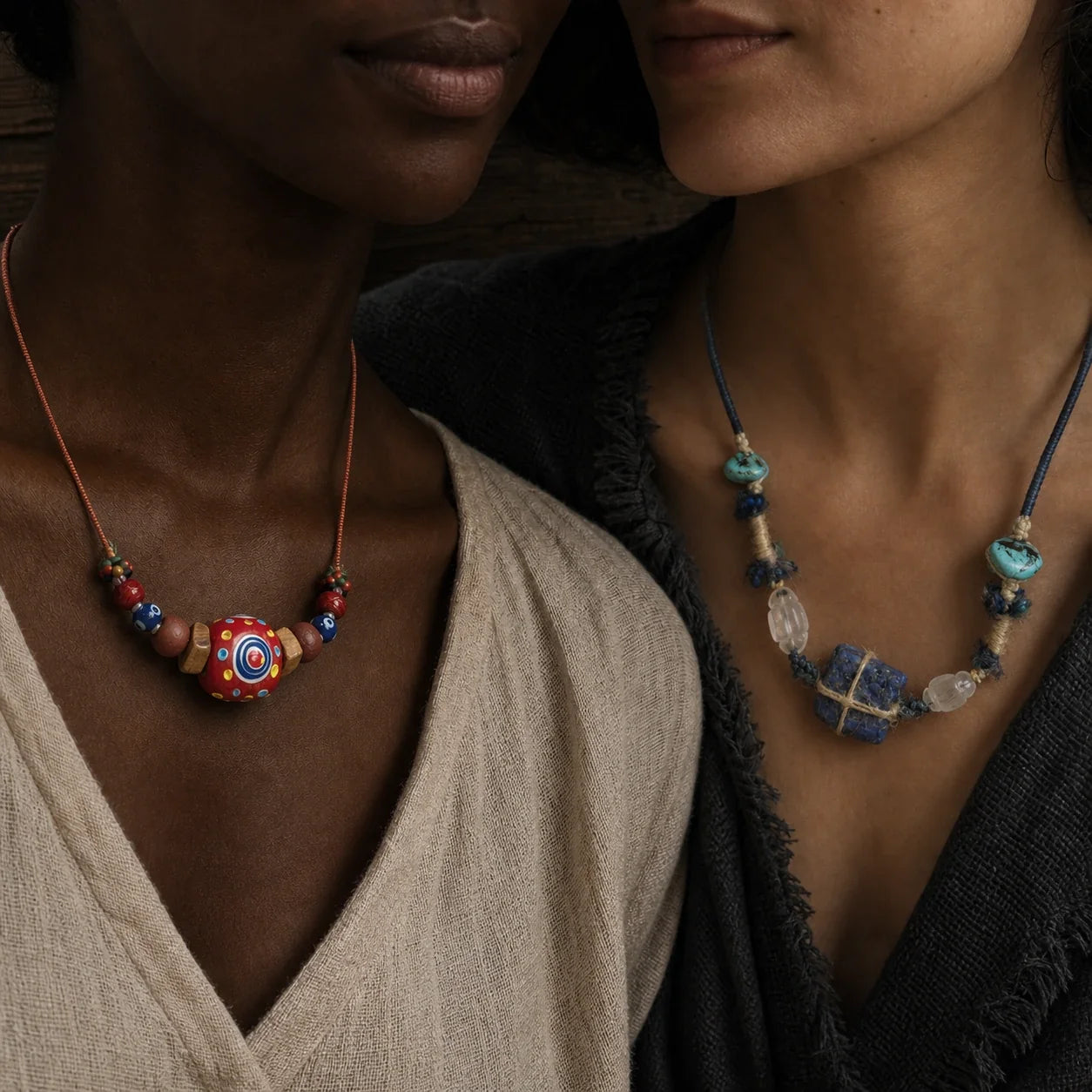 Two people wearing handmade Nepali dragonfly eye and raw lapis gemstone necklaces by à la luck