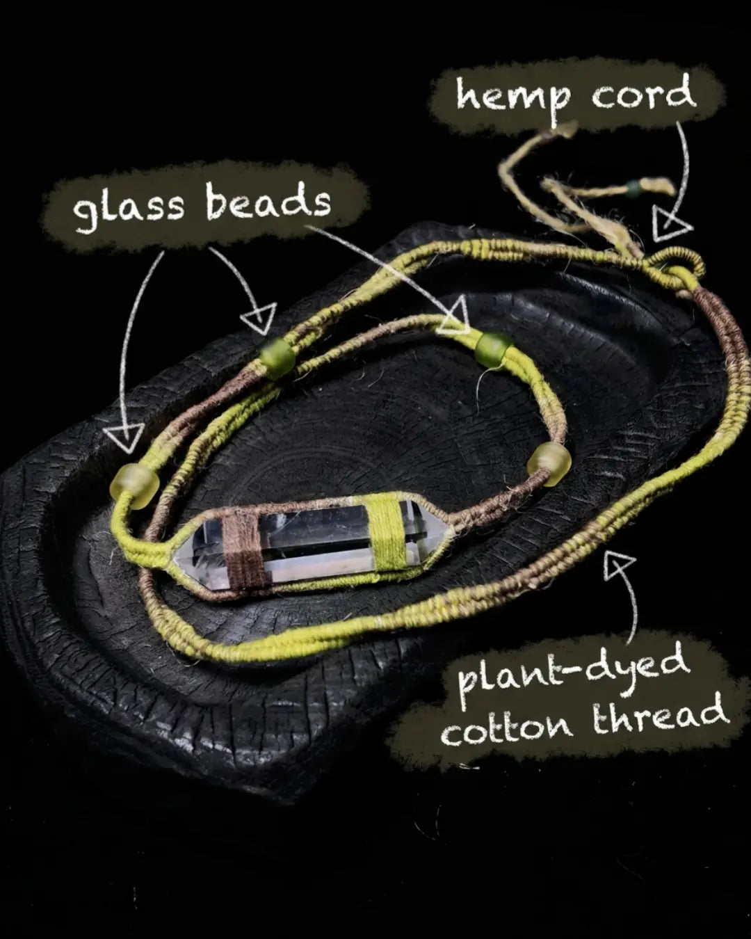 Material map for The Mindfulness #01 — labelled glass beads, hemp cord, and plant-dyed cotton thread used in the hand-knotted construction.