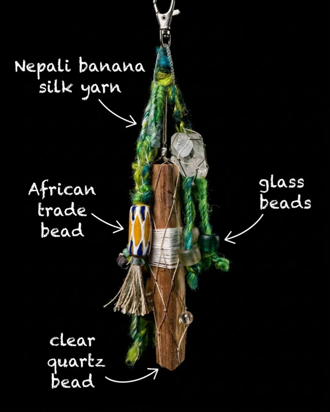 Material map for The Sanctuary #02 — labelled Nepali banana silk yarn, African trade bead, glass beads, and clear quartz bead suspended around the palo santo stick.