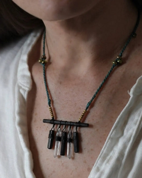 The Shield #03 Peruvian black tourmaline and Himalayan clear quartz necklace, hand-knotted edition of one by à la luck — full piece front view