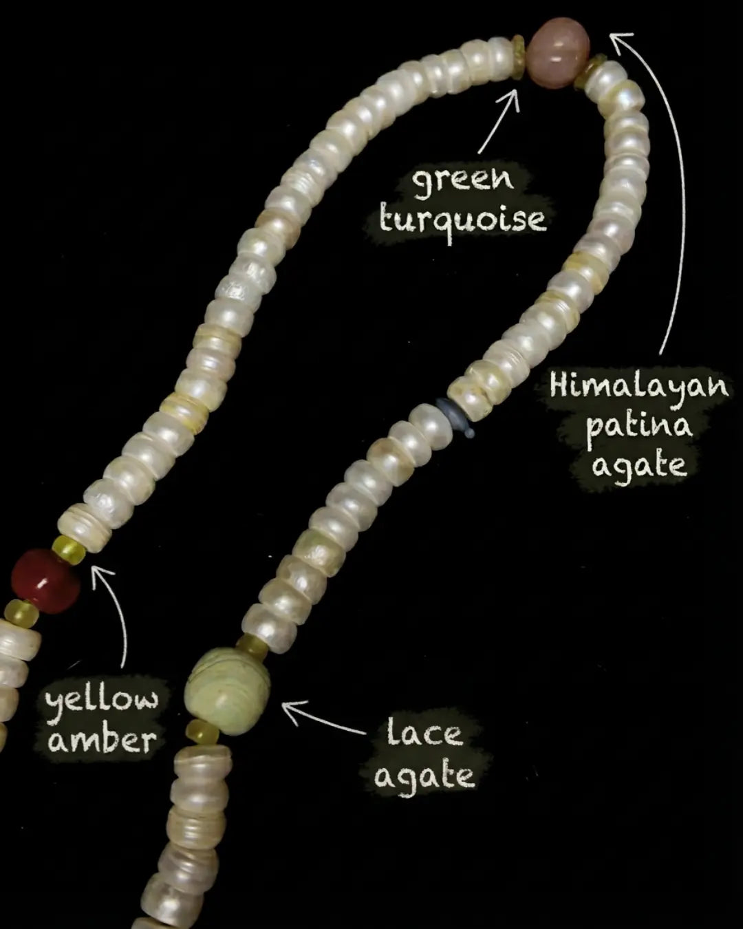 Material detail for The Devotion #07 — labelled green turquoise, Himalayan patina agate, yellow amber, and lace agate accent beads woven through the pearl heishi mala.