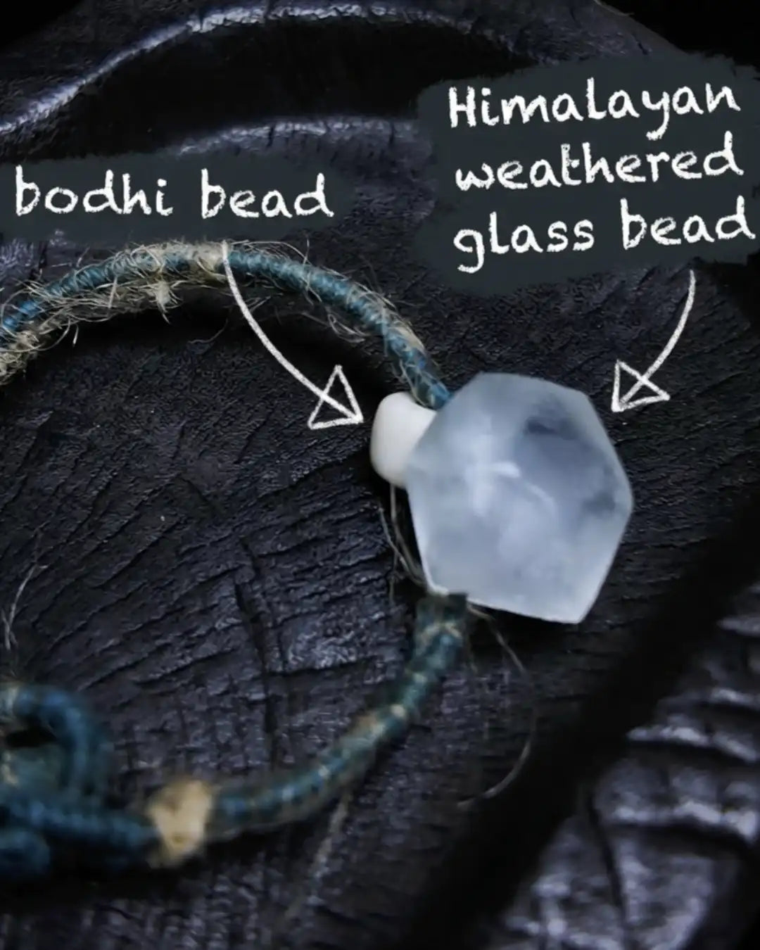 Material map for The Zen #08 — labelled bodhi bead and Himalayan weathered glass bead in the hand-knotted energy bracelet construction.