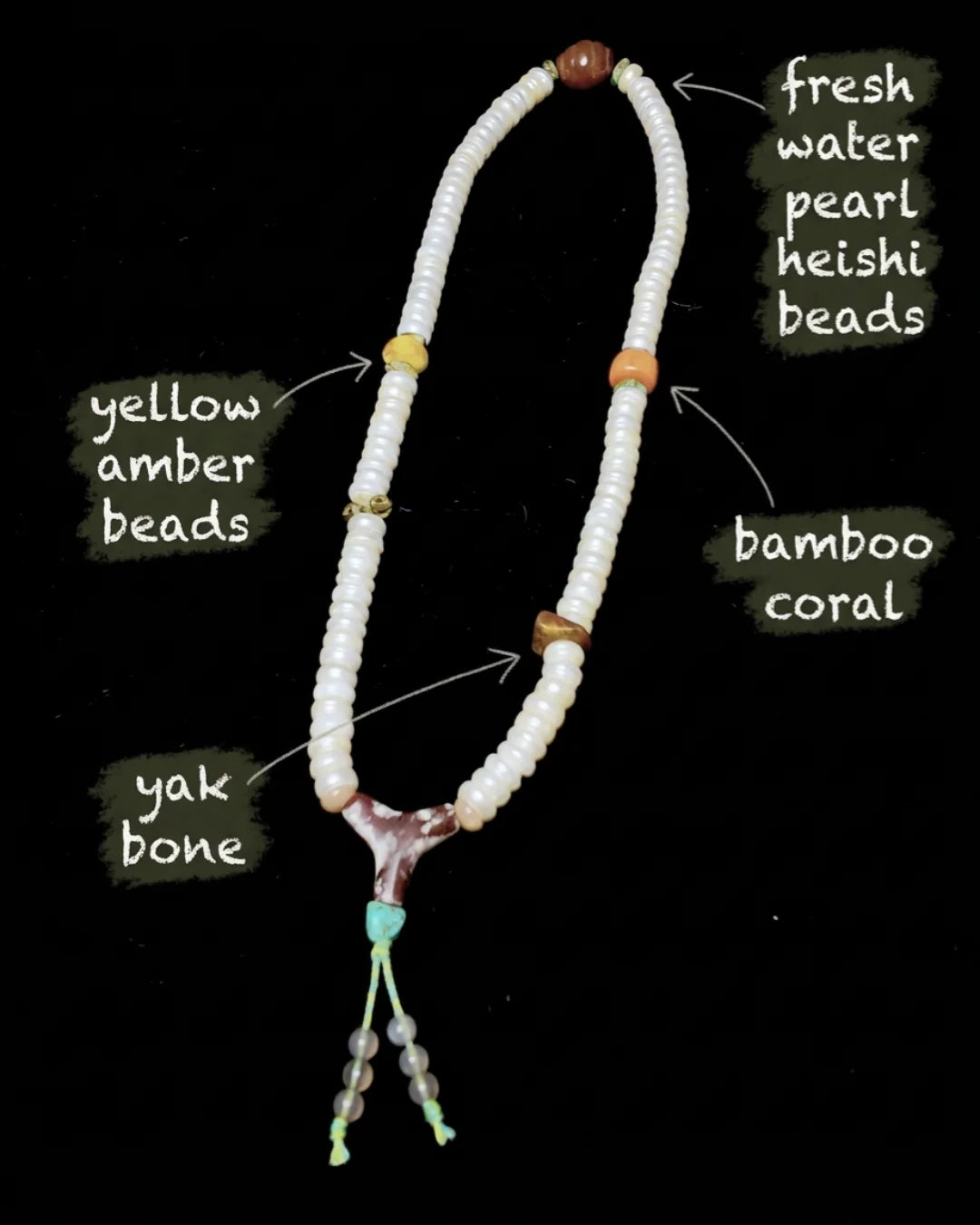 Material map for The Sovereign #12 — labelled fresh water pearl heishi beads body, yellow amber beads, bamboo coral accent, and yak bone guru bead in the hand-knotted 108 mala.
