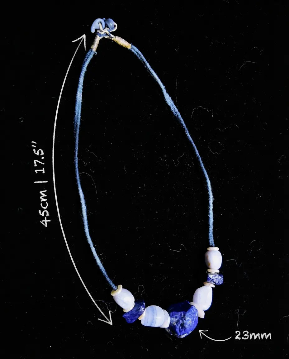 Sizing reference for The Visionary #21 — 45 cm / 17.5 inch necklace length and 23 mm raw lapis focal, flat-lay measurement