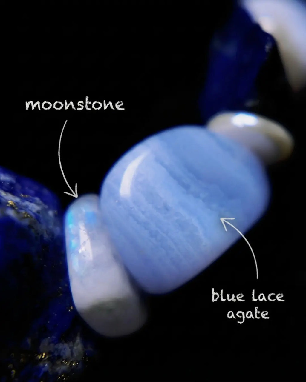 Moonstone and blue lace agate macro from The Visionary #21 — labelled detail showing the blue adularescence and banded lace pattern
