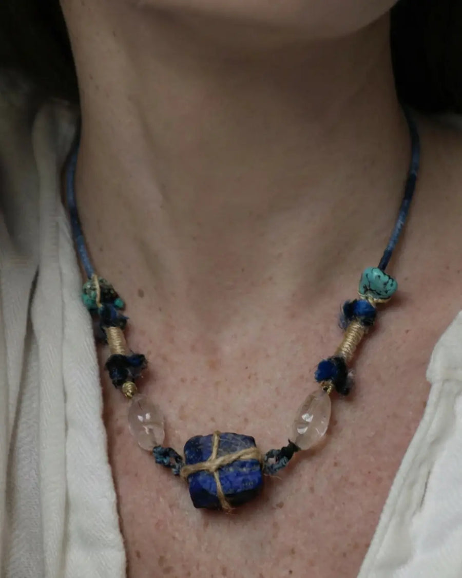 The Conduit #22 raw lapis lazuli and dyed magnesite clarity necklace by à la luck - primary front view worn at the neckline