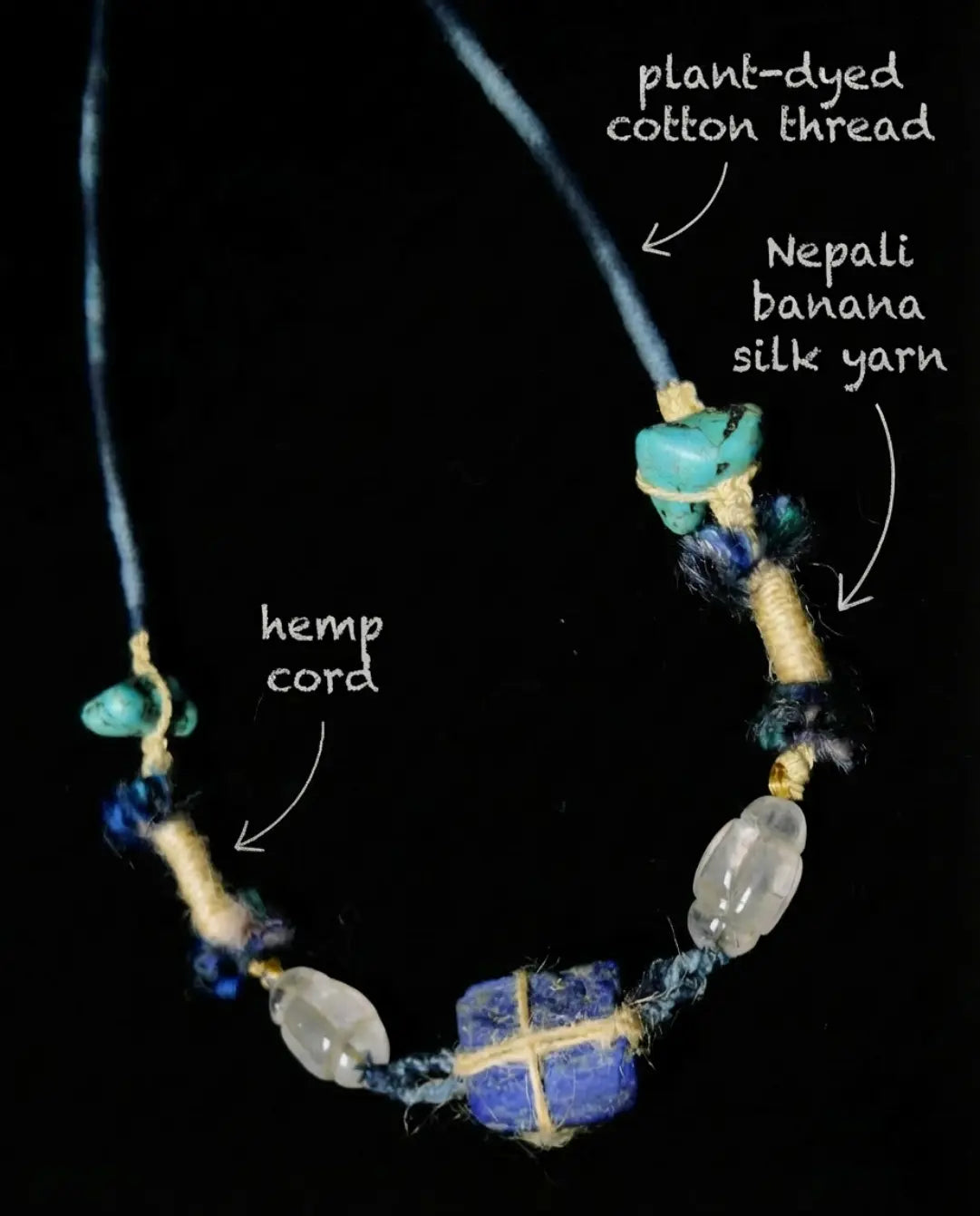 Cord and thread detail of The Conduit #22 — labelled plant-dyed cotton thread, Nepali banana silk yarn, and hemp cord woven into the hand-knotted construction