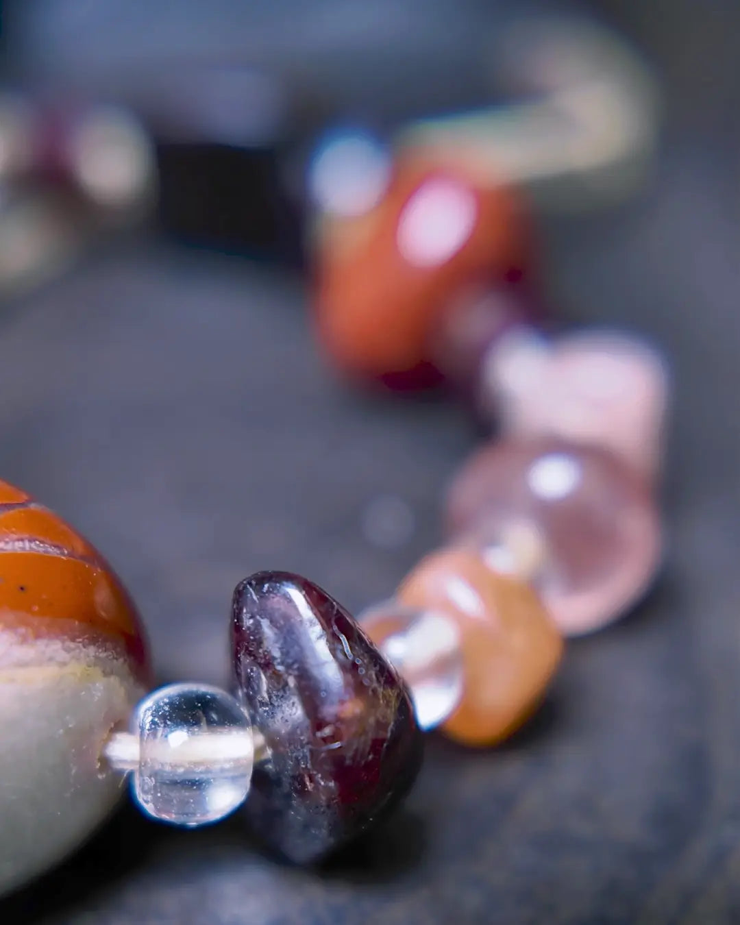 The Hearth #25 bracelet, detail view 4 — showing bead-knot construction and accent stones