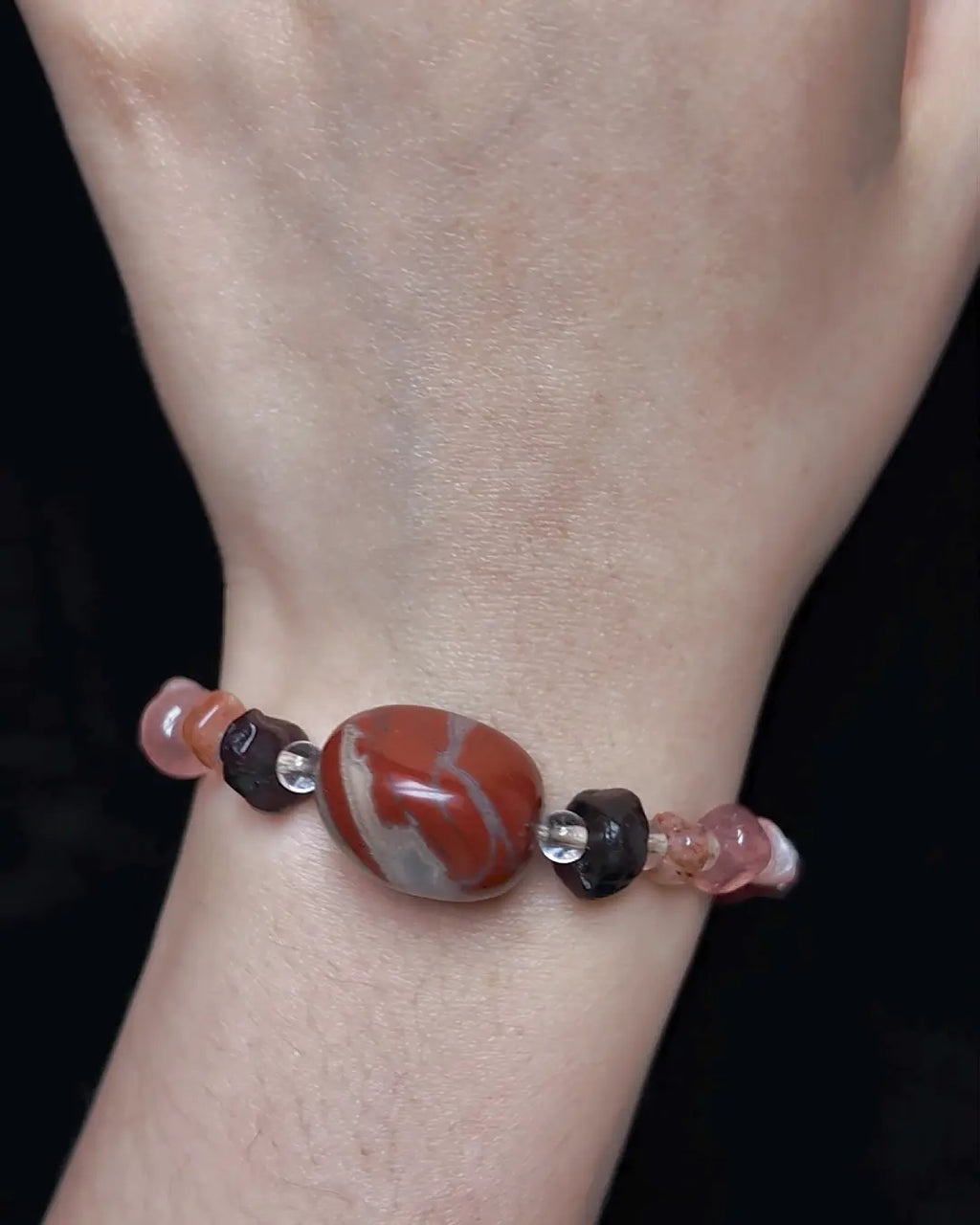 The Hearth #25 bracelet, detail view 7 — showing bead-knot construction and accent stones