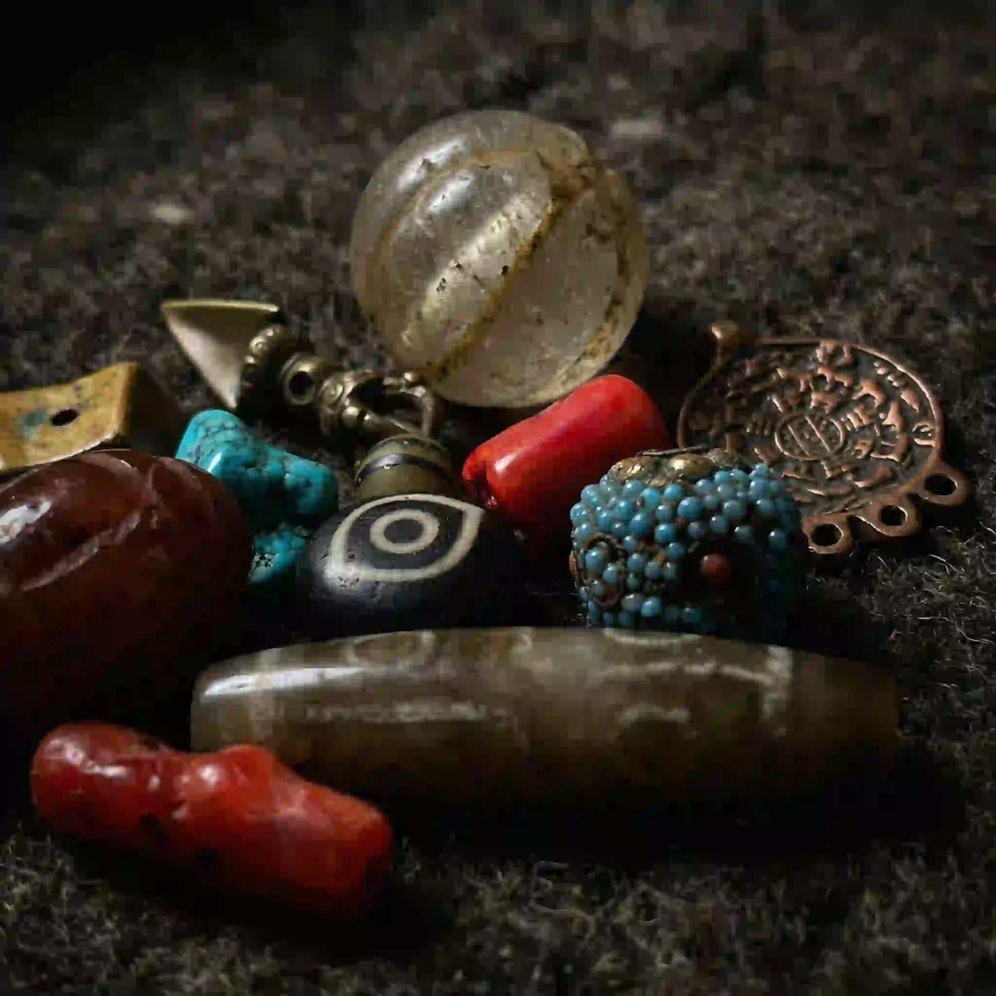 Collection of various himalayan relics beads and jewelry pieces on a dark surface