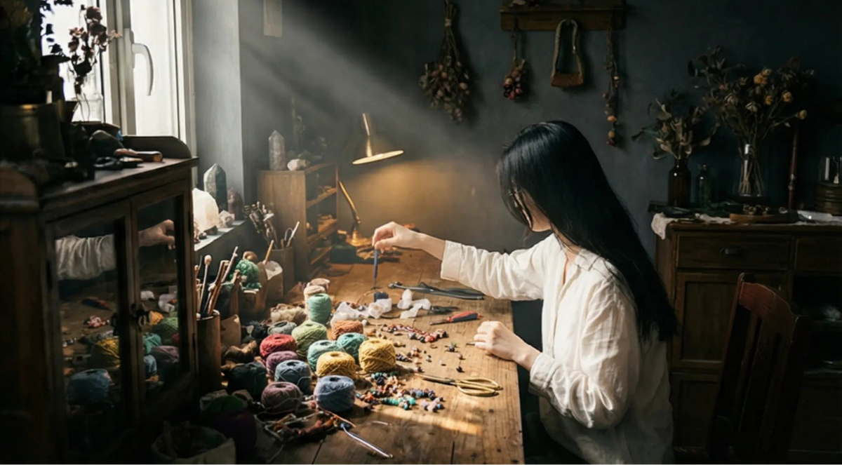 Hands selecting and arranging materials for an à la luck talisman