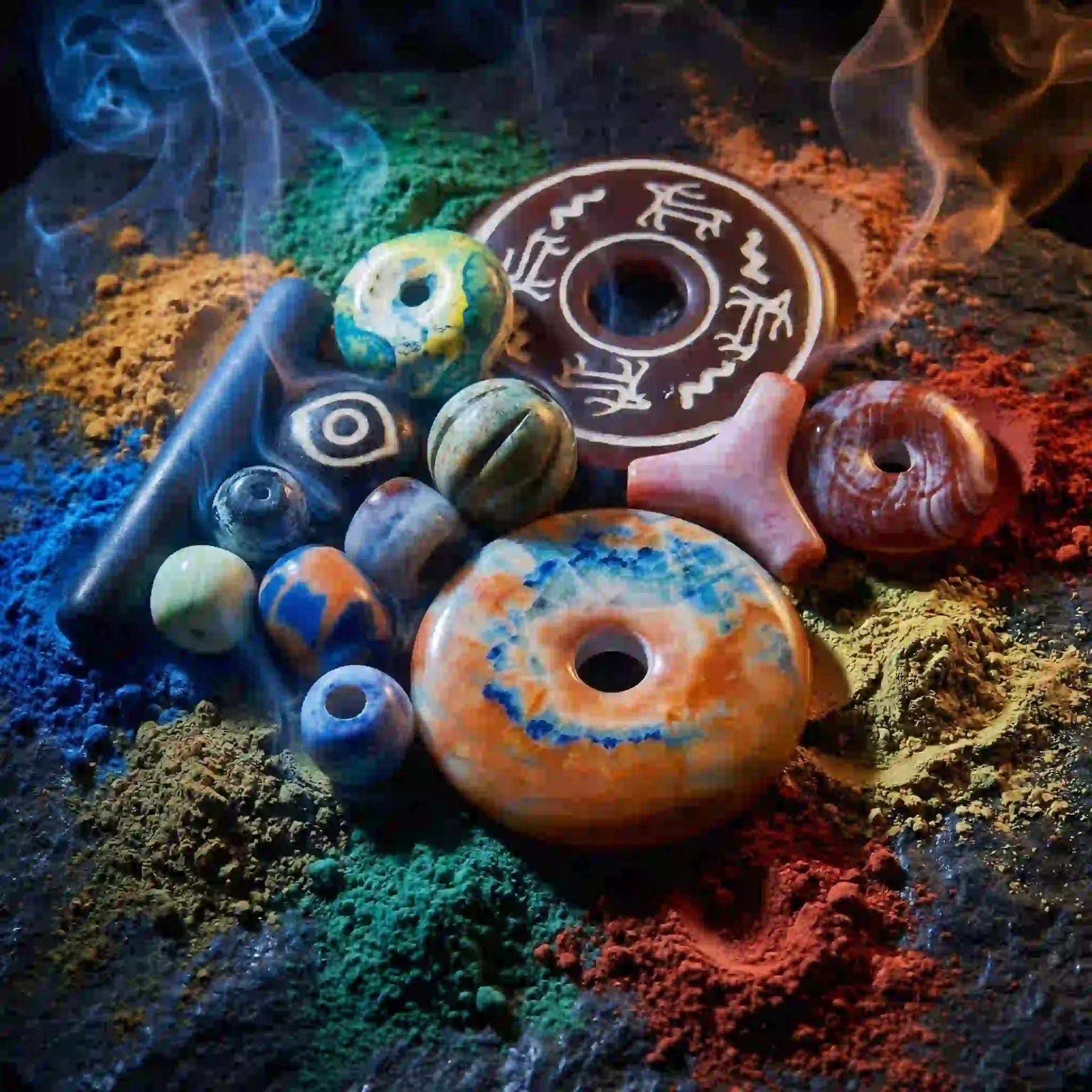 Colorful variety shaped artisan agate stones with smoke and flames on a dark background