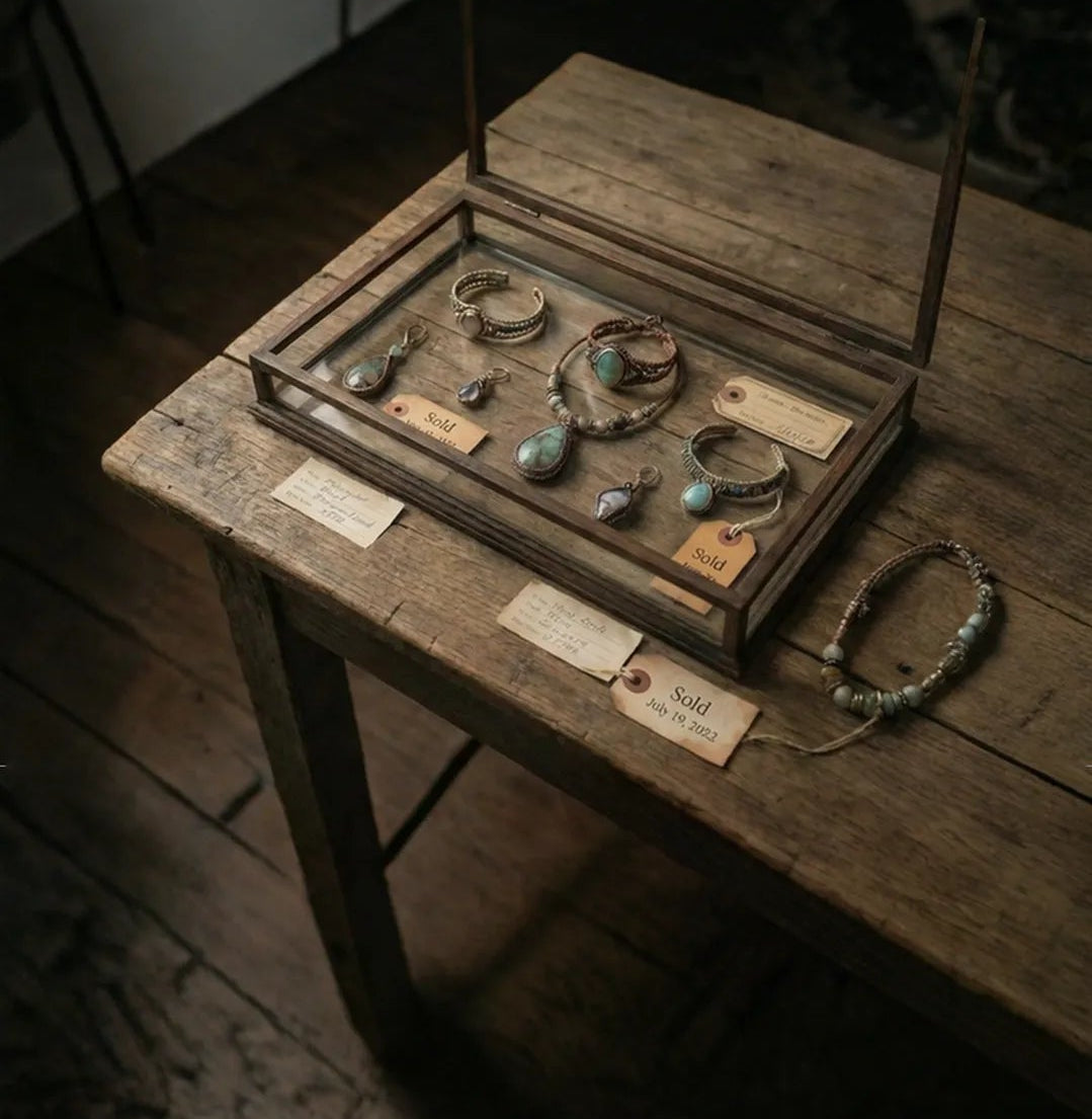 Wooden display case with jewelry on a wooden table