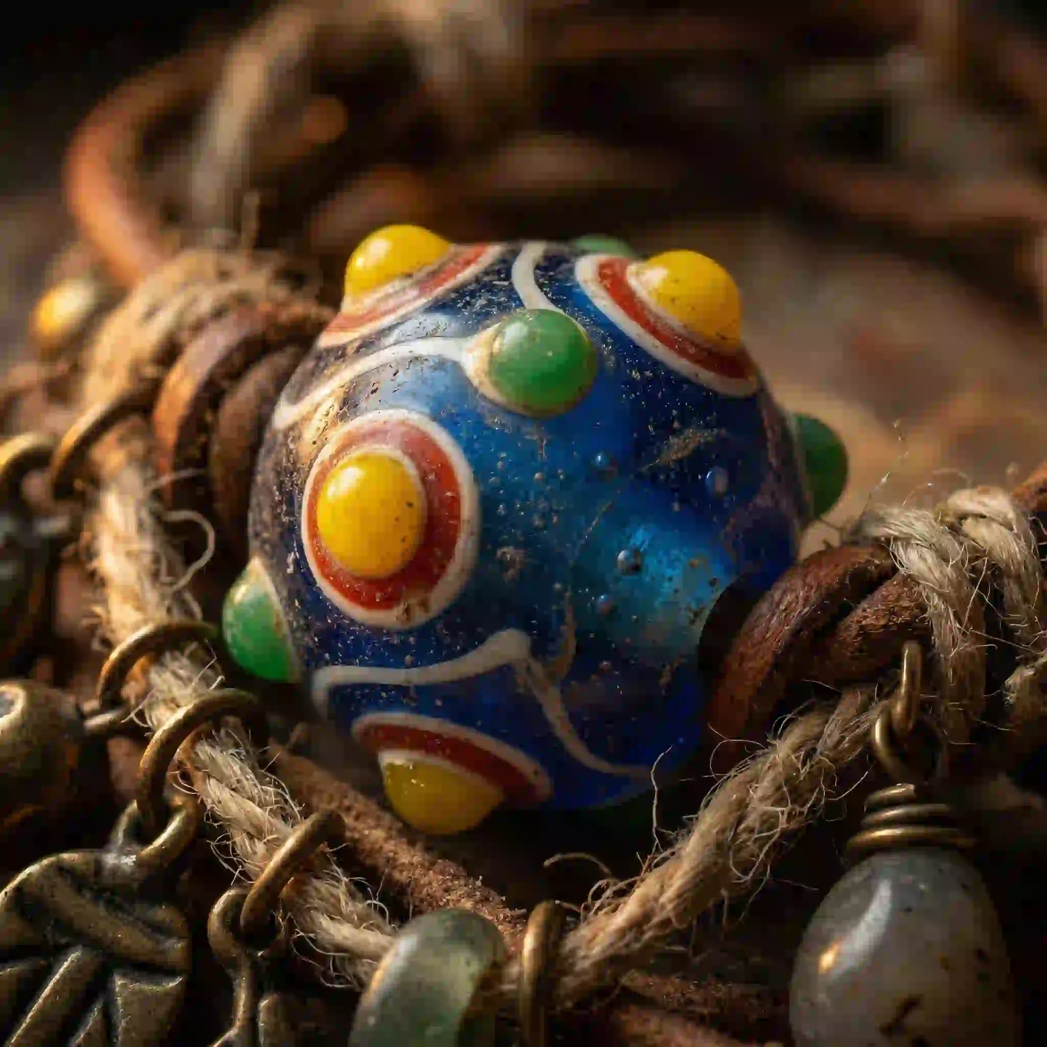 Dragonfly eye glass bead on a textured background