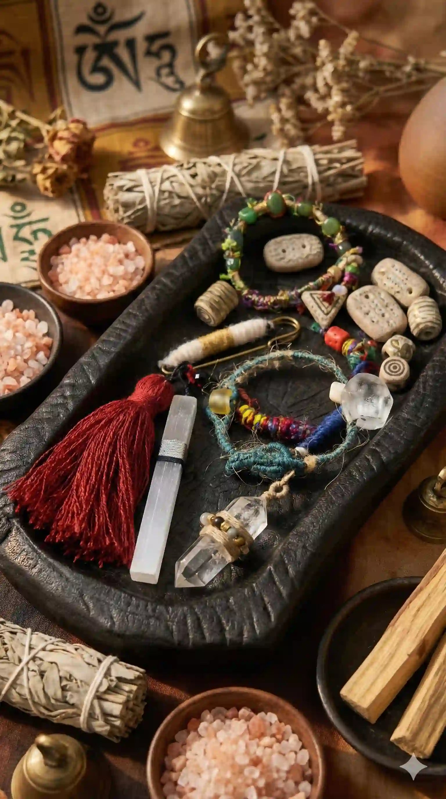 Tray with various items including energy bracelets, spiritual crystals, and tassels