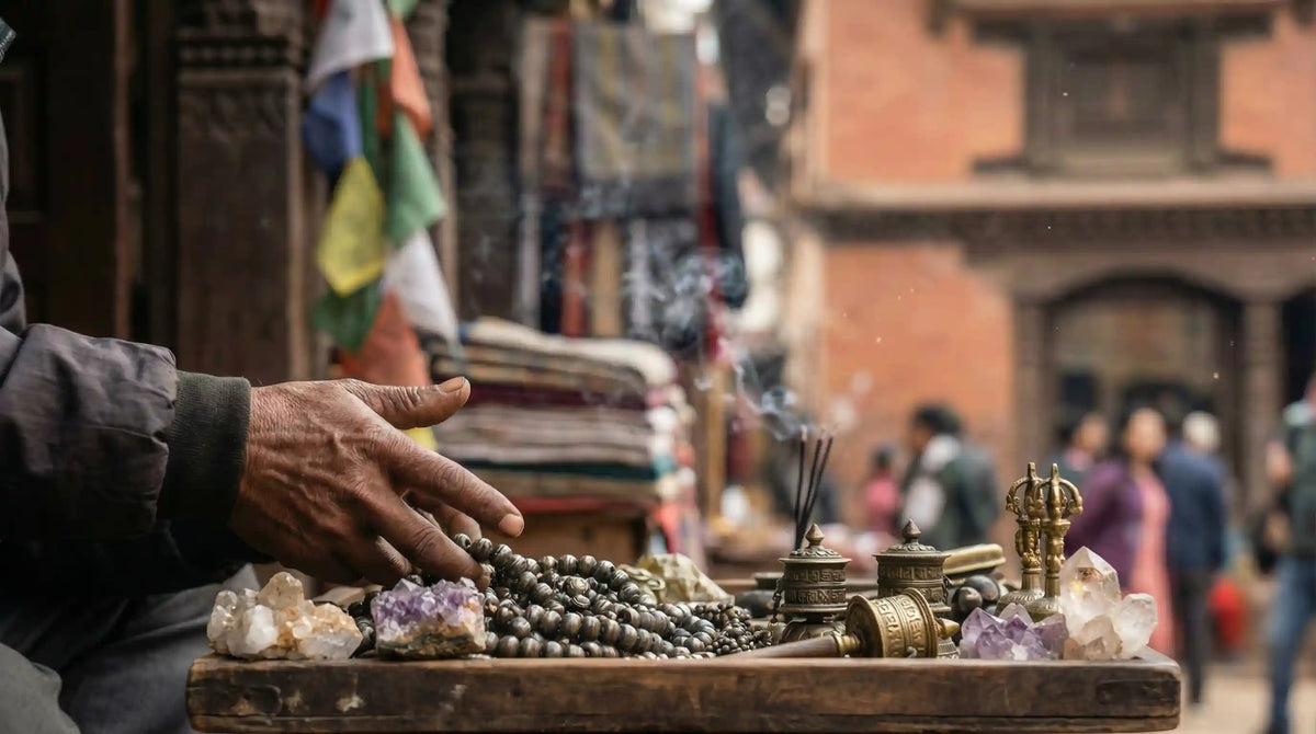 Beads and stones laid out for selection at a market table