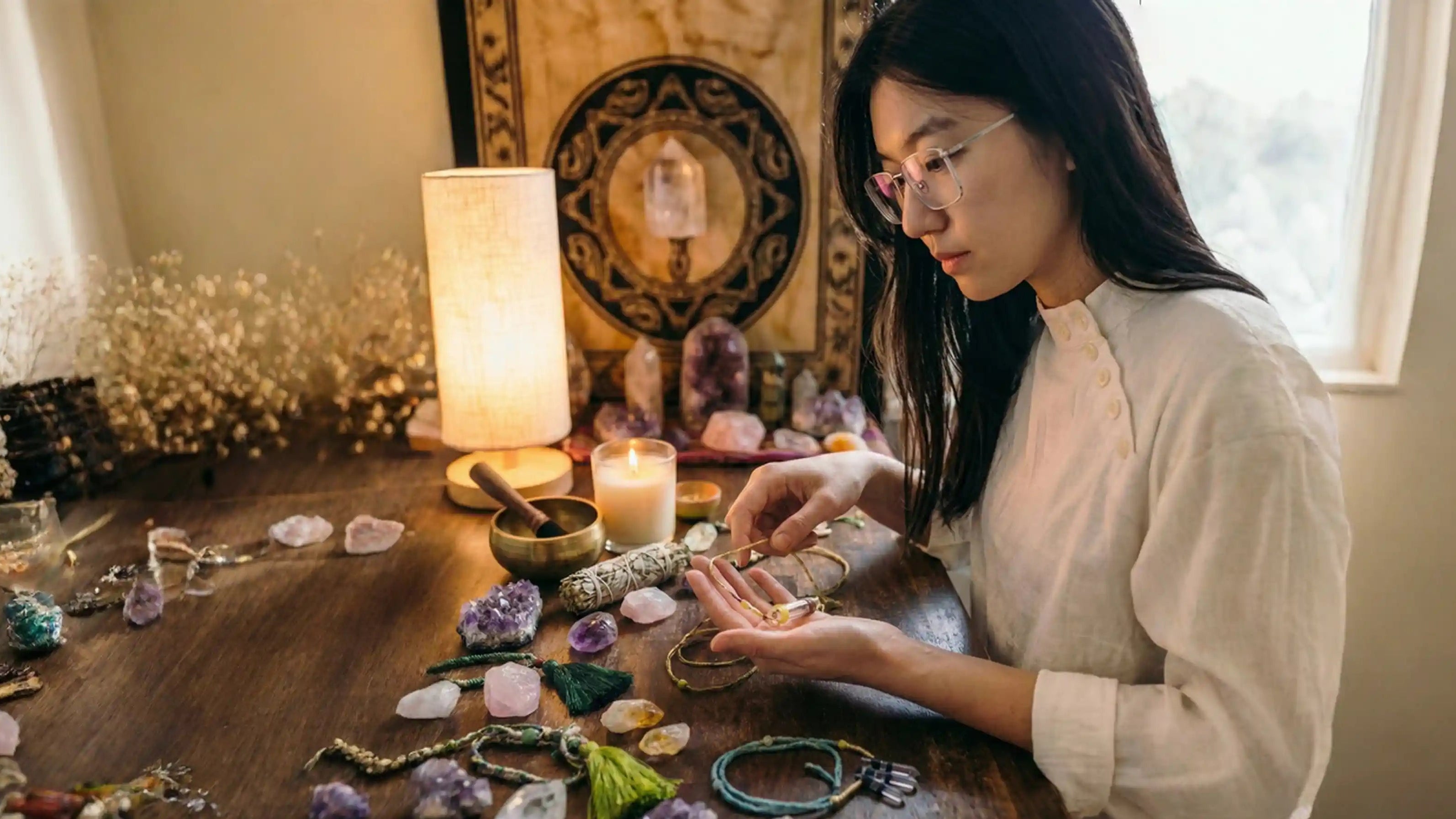Woman working with crystals and jewelry on a table in a cozy room.