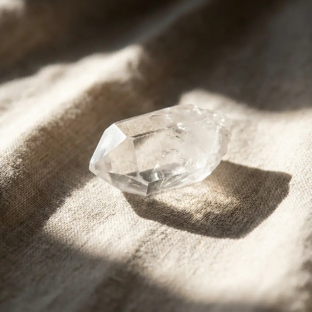 Close view of a clear Himalayan quartz crystal selected for à la luck