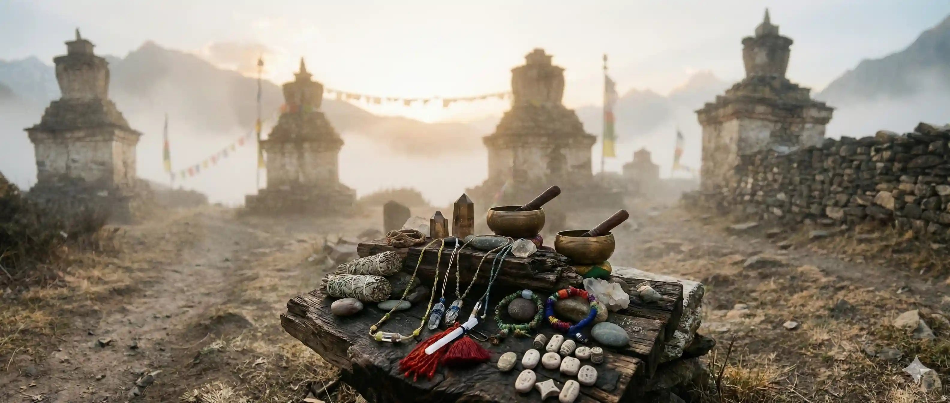 Table with jewelry and stones in front of stone stupas at sunset