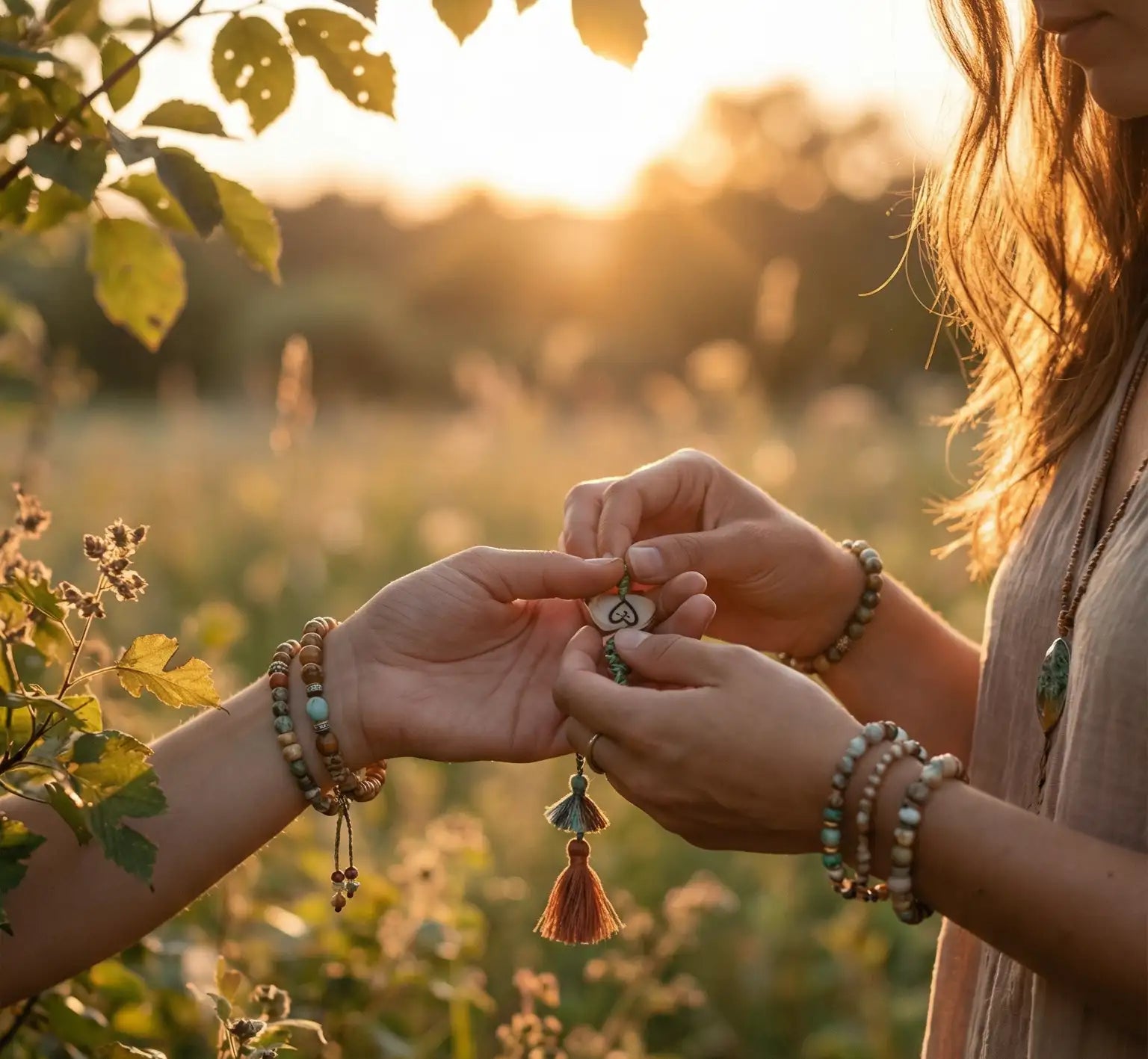 Two people holding hands with decorative bracelets against a sunset background