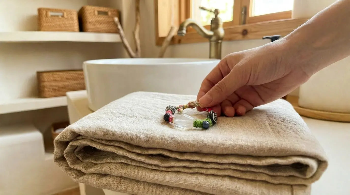 Hand holding a colorful energy bracelet over a folded towel in a bathroom setting
