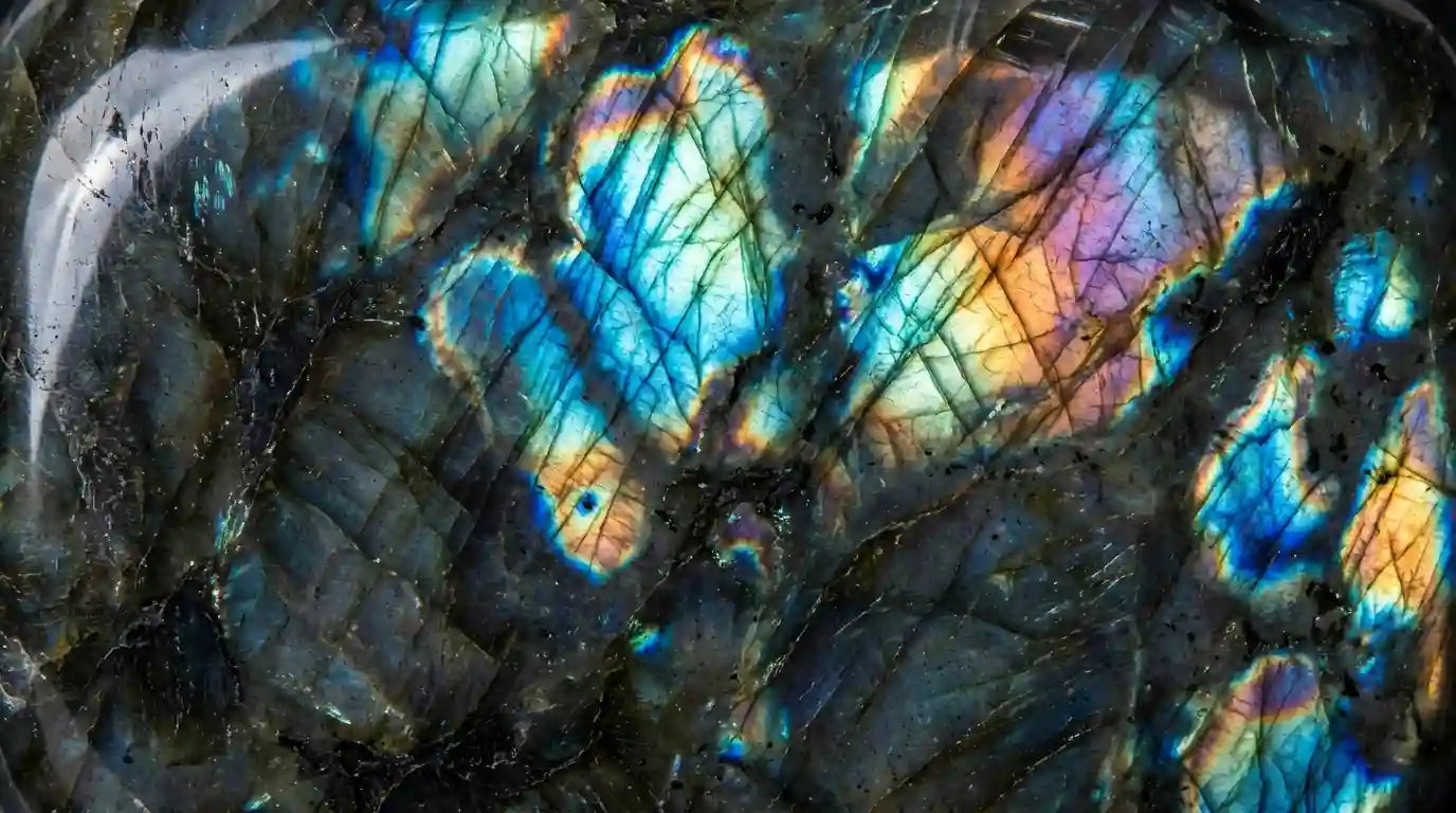 Close-up of labradorite stone with colorful internal patterns