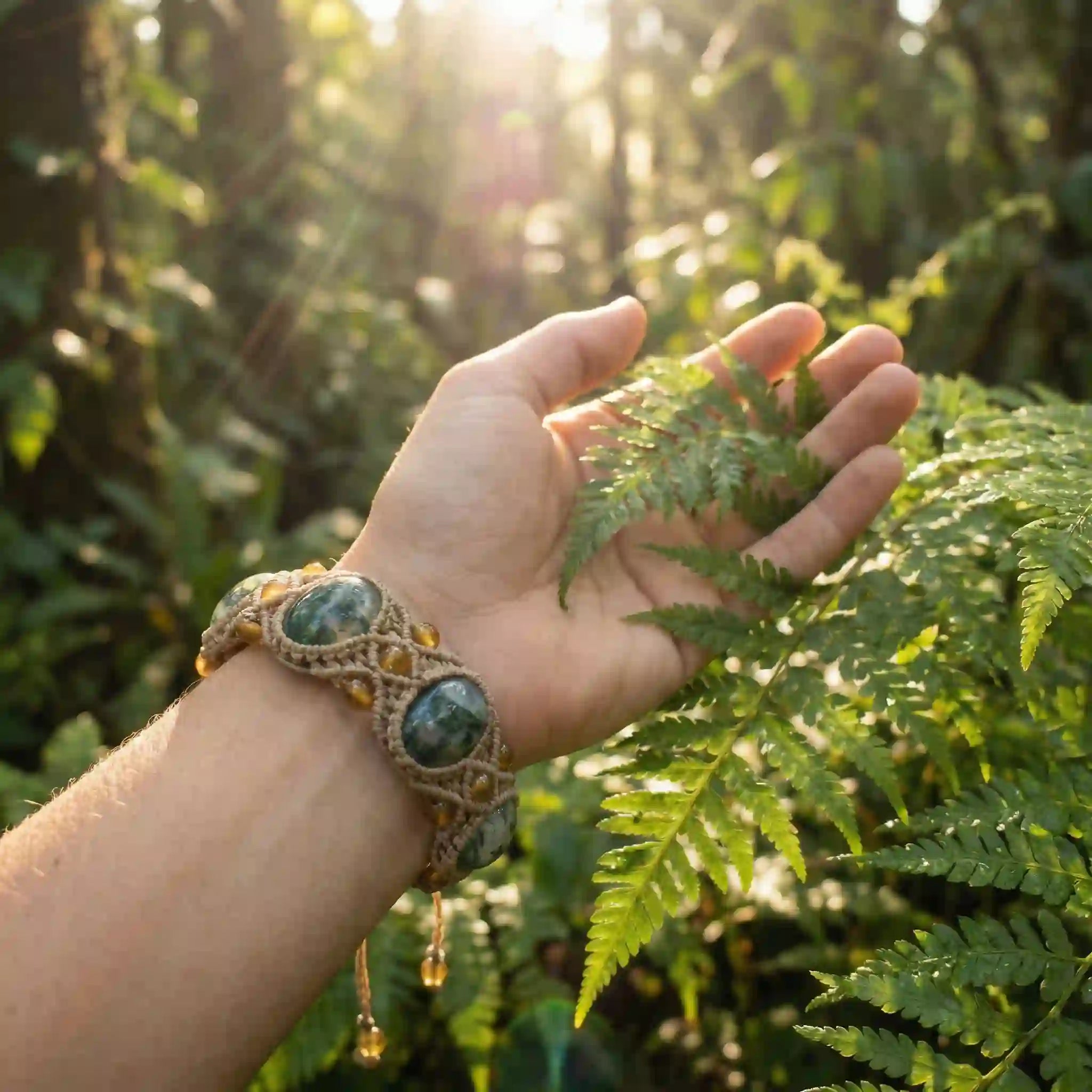 Hand wearing a macrame bracelet with moss agate, holding a fern leaf against a forest background.