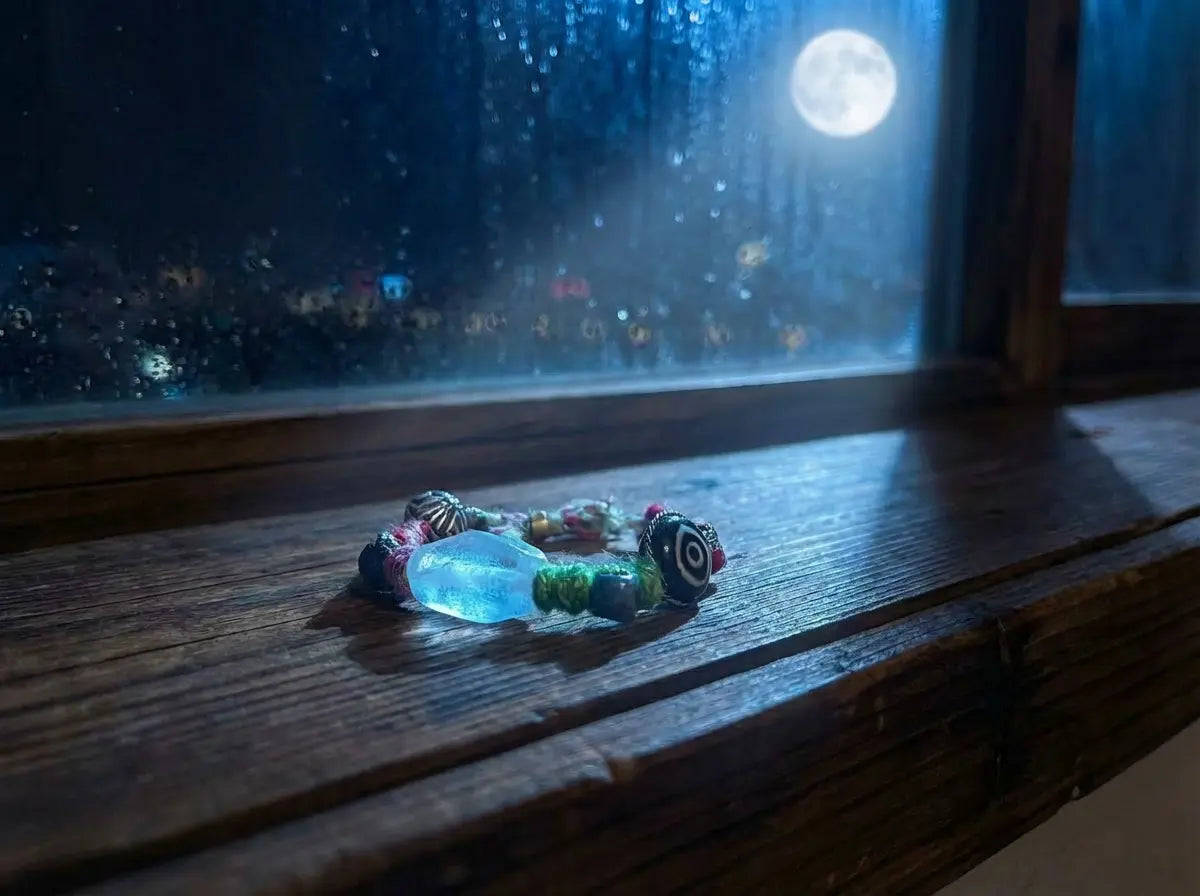 Colorful beaded bracelet on a wooden surface with a night cityscape through a window and a full moon in the sky.