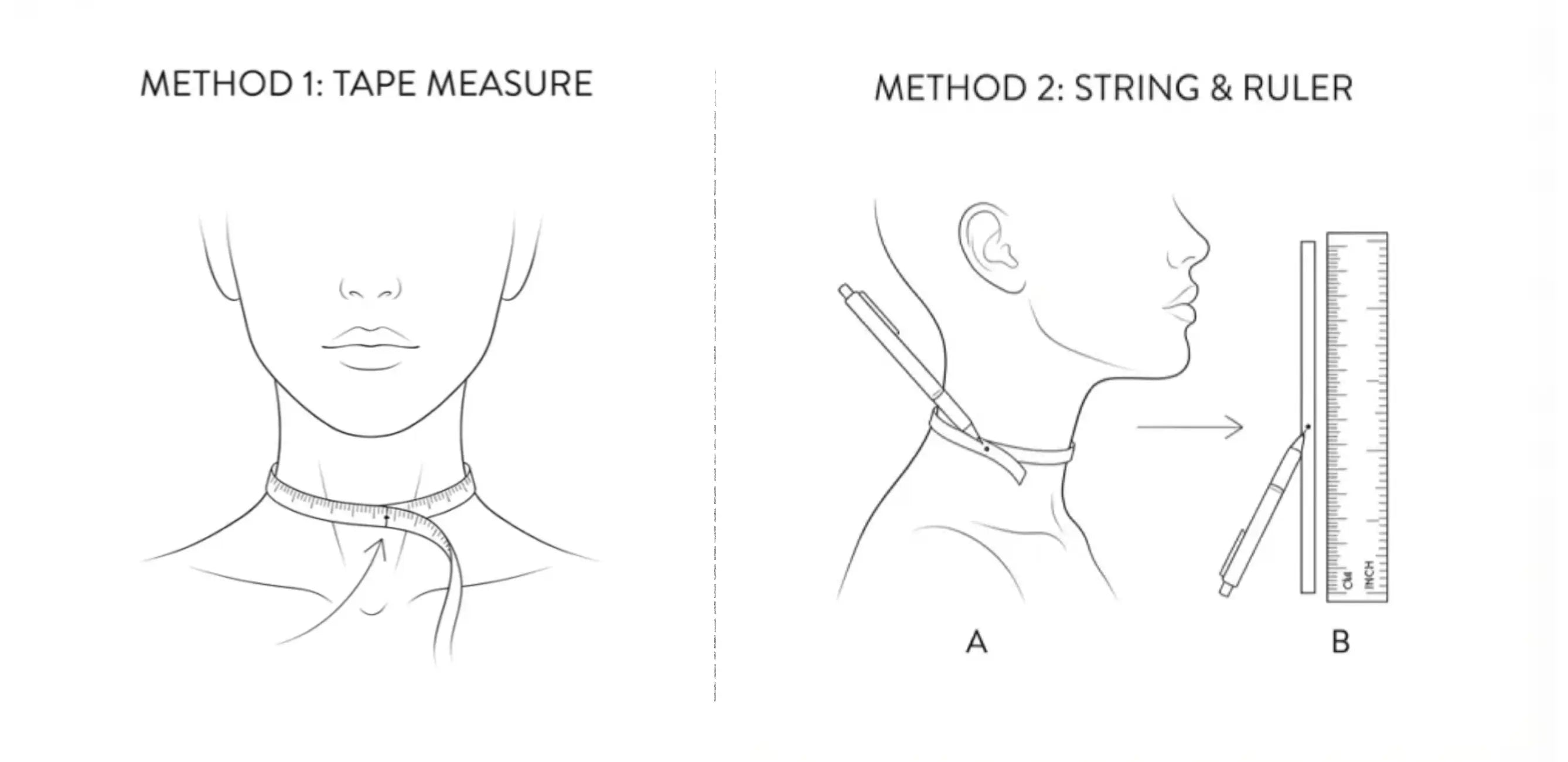 Diagram showing two methods for measuring neck size using a tape measure and string with a ruler.