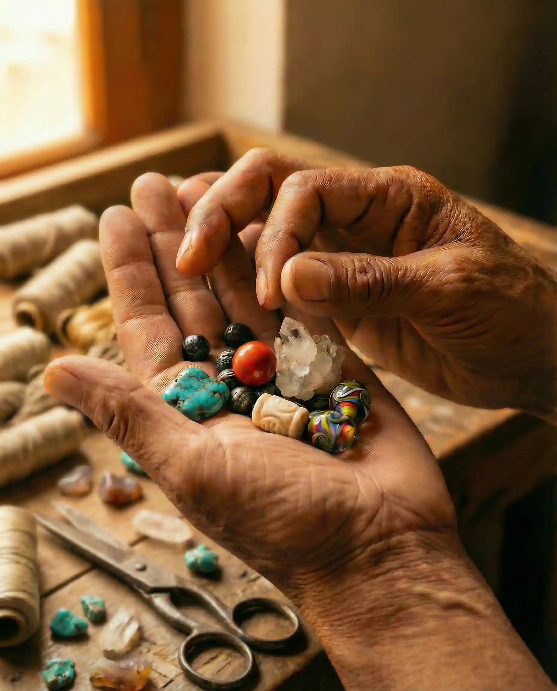 Hands holding small stones with a window and thread spools in the background