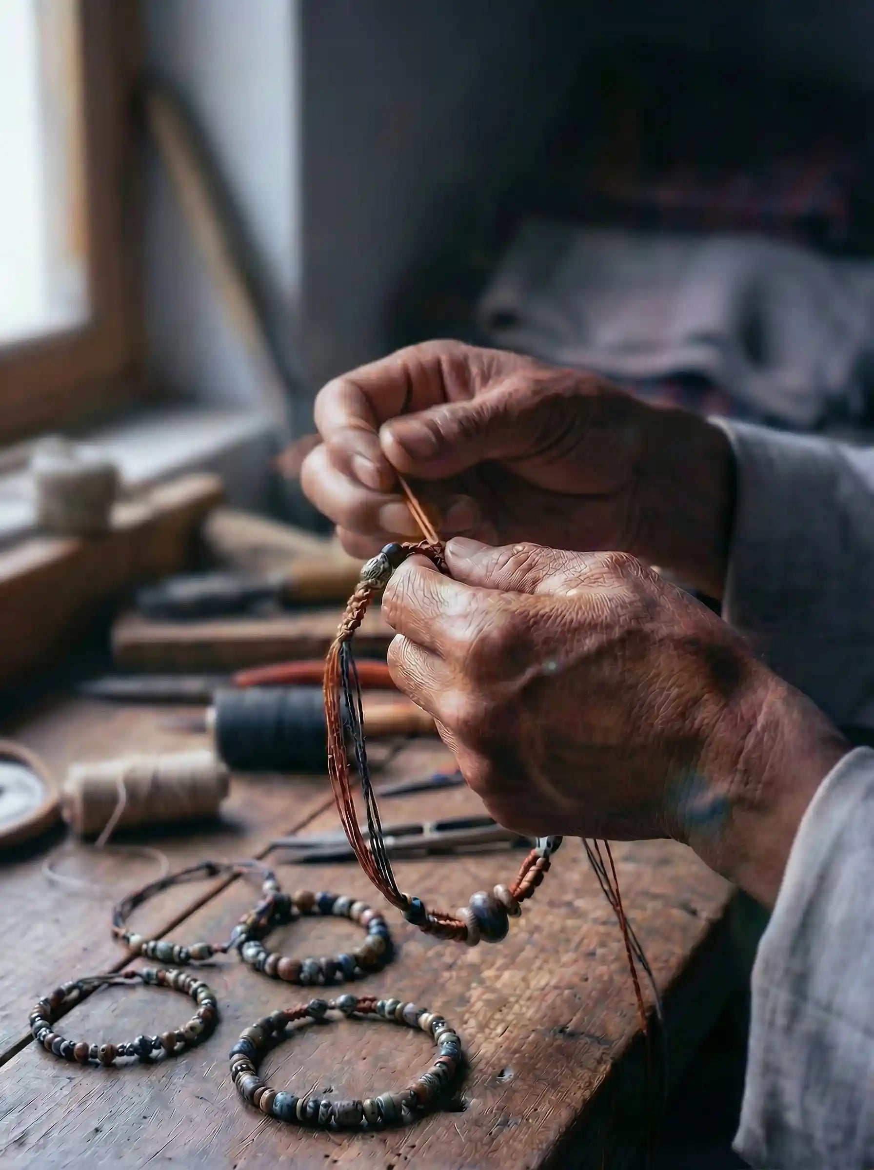Person crafting beaded bracelets on a wooden table with tools and materials.