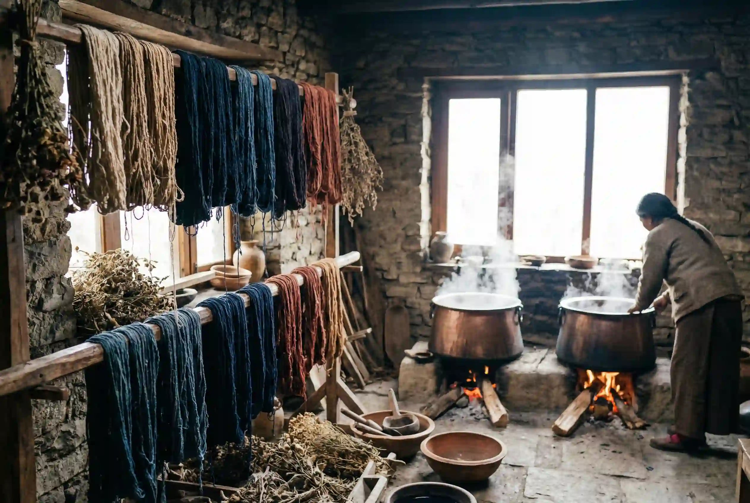 Person working with yarn in a rustic room with stone walls and windows.