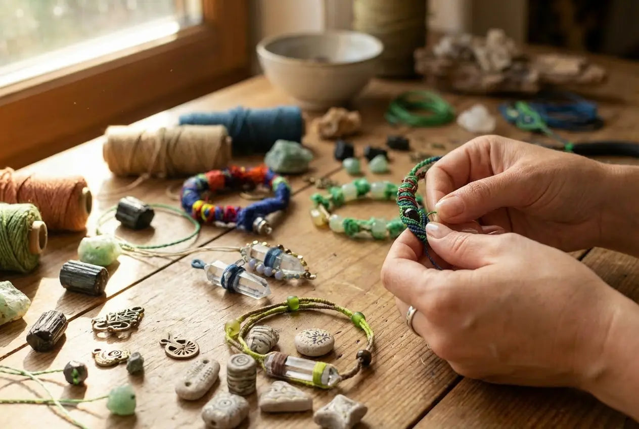 Person crafting jewelry on a wooden table with various talismans