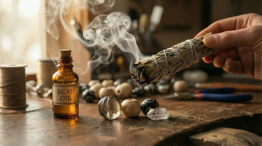 Ritual imagery: smoke near loose beads on a worktable