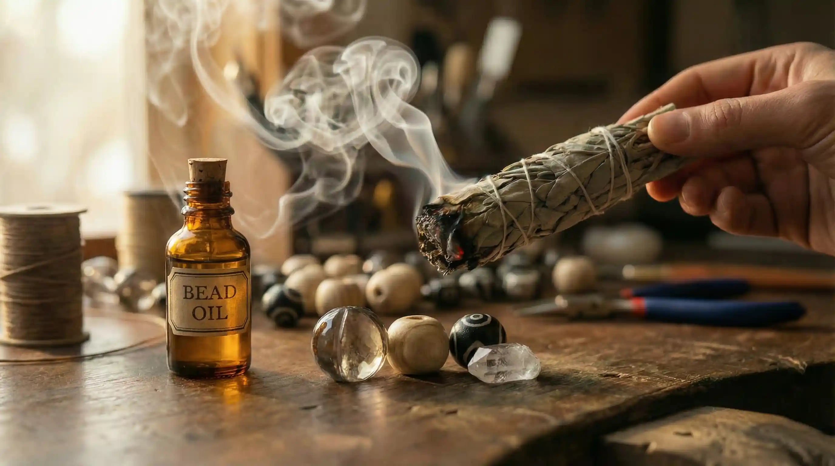 Bottle of bead oil with a smoldering sage stick on a wooden surface with crystal and agate beads and other various items.