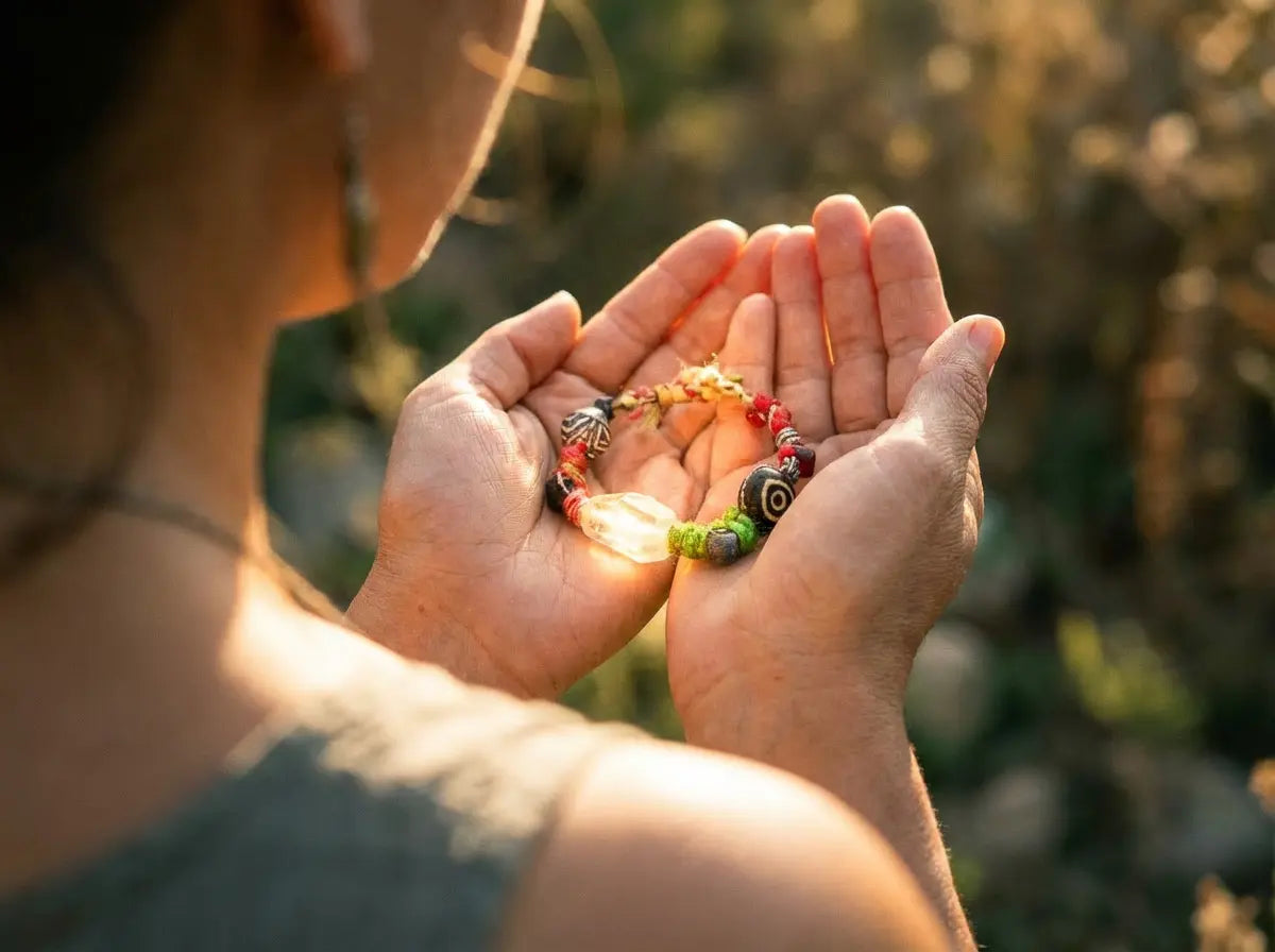 Person holding colorful beads energy bracelet in their hands with a blurred natural background