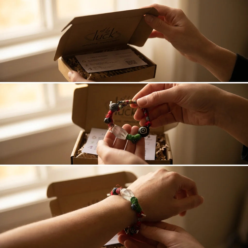 Person opening a box, taking out a bracelet, and wearing it.