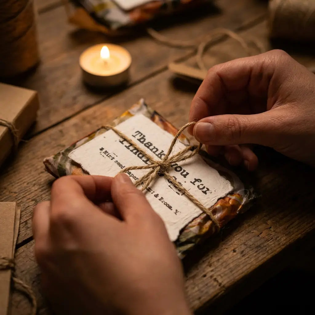Person tying a string around a wrapped package with a 'Thank you' card