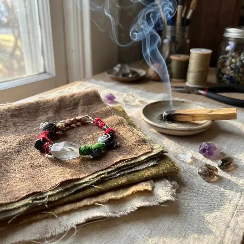 Bracelet with crystals next to a smoking incense stick