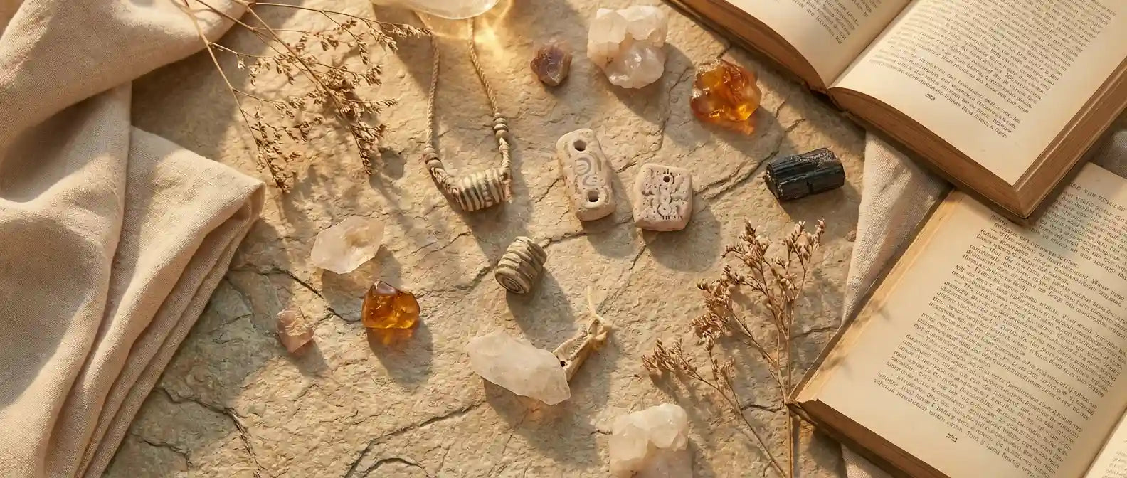 Minerals and crystals on a stone surface with an open book